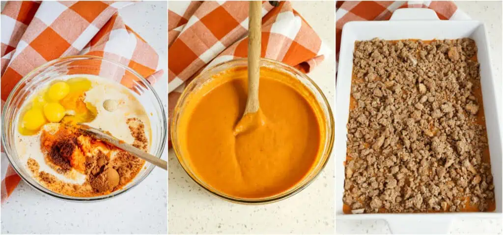 The steps to making pumpkin dump cake. Mix the pumpkin puree, evaporated milk, sugar, brown sugar, eggs, cinnamon, ground ginger, and ground cloves in a large bowl. Pour the pumpkin mixture into a greased 9 x 13-inch baking pan. Mix the dry cake mix and graham cracker crumbs. Drizzle in the melted butter and stir until crumbs form. Using your fingers, sprinkle the crumbs evenly over the cake.
