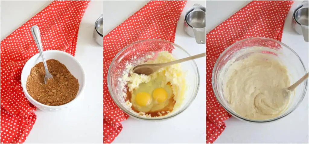 The steps to making apple fritter bread. In a small bowl, combine the brown sugar and cinnamon. Using a mixer, cream the butter and the granulated sugar. Stir in the eggs and the vanilla extract. Now stir in the flour mixture and milk, alternating between the two.