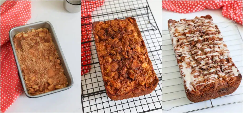 The steps to making apple fritter bread.Spread half the bread batter into a well-greased loaf pan. Top with half the apple mixture and half of the cinnamon sugar.  Spread the remainder of the bread batter in the pan and top with the remainder of the apple and cinnamon sugar.

Bake for 60-70 minutes or until a toothpick inserted in the top comes out clean or with a few moist crumbs. There should be no wet batter. Whisk the vanilla cinnamon glaze ingredients and drizzle over the thoroughly cooled bread. 