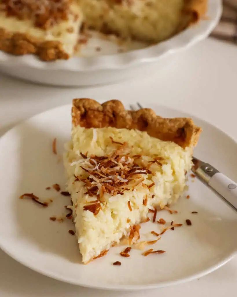 A single slice of coconut pie sprinkled with toasted coconut on a plate with a fork. 