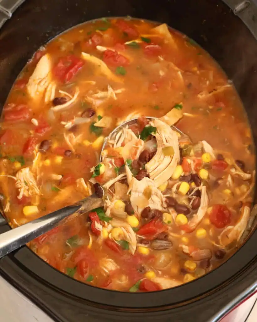 A crock pot with a ladle in it full of chicken tortilla soup. 