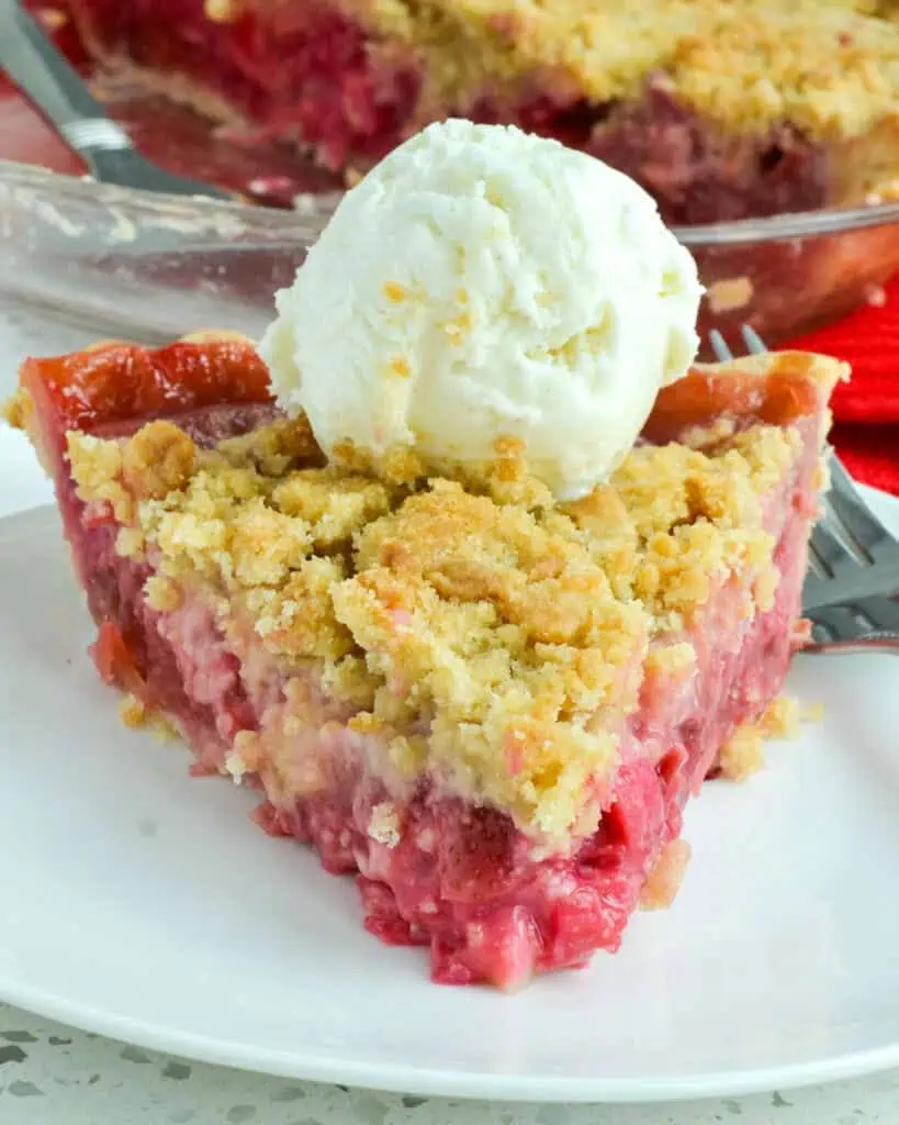 A piece of strawberry rhubarb pie with a scoop of vanilla ice cream. 