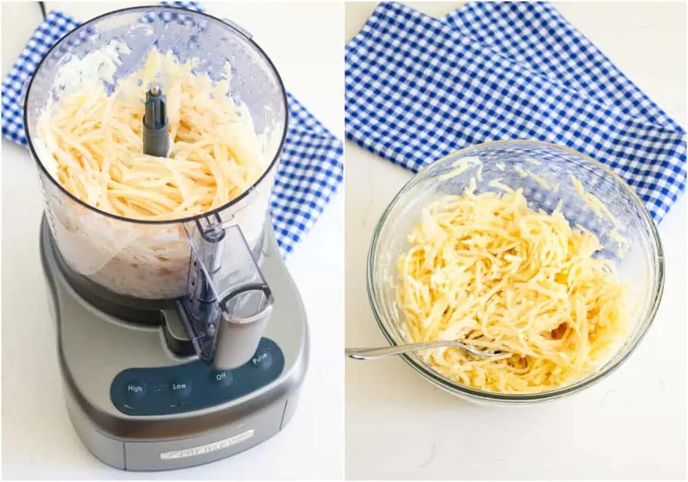 Grated potatoes in a food processor. A large bowl of grated potatoes, onions, egg, flour, cornstarch, black pepper, garlic, and baking powder.  