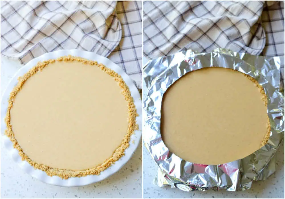 Pour the pumpkin pie mixture into the graham cracker crust. Cover the edge of the pie with a pie shield to protect the crust from over-browning. 