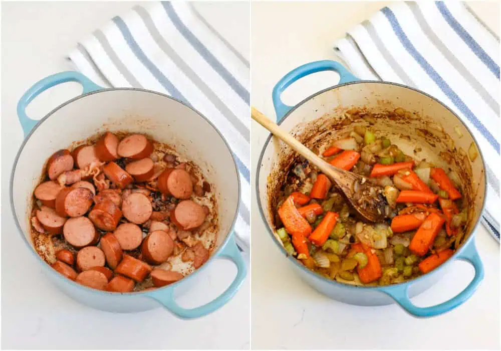 The cooking steps to making cassoulet. brown the bacon and sausage in a large Dutch oven over medium heat. Using a slotted spoon, plate the bacon and sausage. Leave the bacon grease in the skillet. Add the onion, celery, and carrots. Cook until the onion and celery are tender. Reduce the heat to low and add the garlic. 