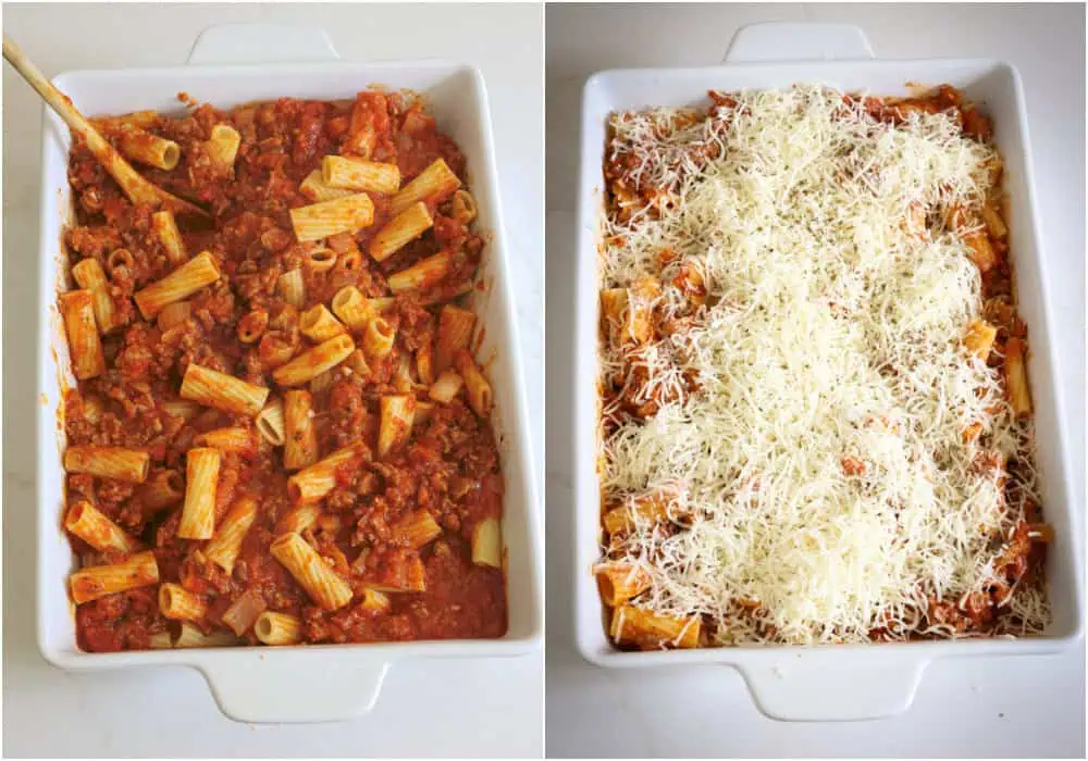 Steps to making baked rigatoni. Add the meat sauce and the drained pasta to a large casserole dish and stir to combine. Top with the Parmesan and mozzarella cheese. 