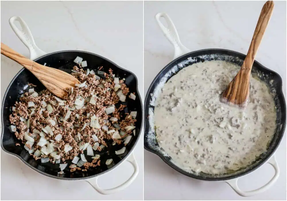 The steps to making hamburger and potato casserole. Melt the butter in the skillet and sprinkle the mixture with flour. Th The steps to making hamburger and potato casserole. Slowly stir in the milk and continue cooking until thickened, stirring frequently. Season with salt and freshly ground black pepper.