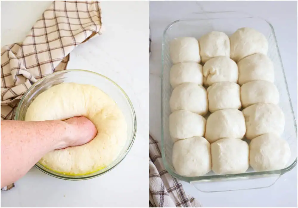 Punch the dough down. Transfer the dough to a lightly floured surface and, using a bench scraper or a large sharp knife, cut the dough into 15 sections. Using your hands, pull the edges of the dough up and turn it over seam-side down. Use the floured surface and your hands to gently roll it into a ball.