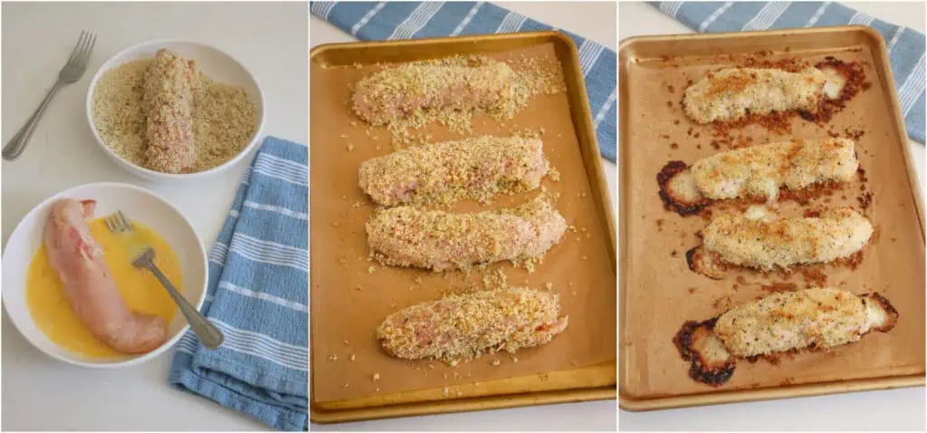 Bread the chicken, spritz with olive oil, and bake until the chicken cooks through.