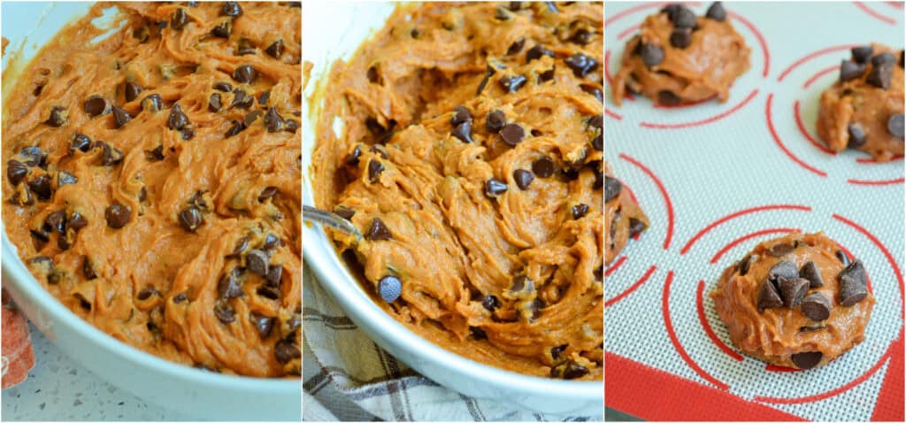 Add the flour mixture to the pumpkin mixture in three increments, stirring until combined. Then, fold in the chocolate chips.

Using a cookie scoop, drop the cookie dough by rounded tablespoons onto a baking sheet covered with parchment paper or a silicone mat.