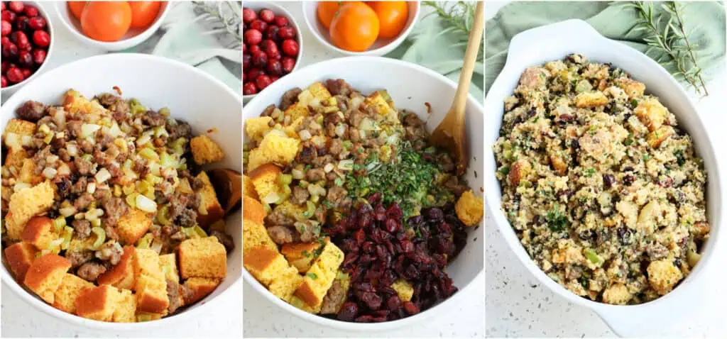 How to make cornbread dressing. Add the dried bread cubes to a large bowl. Top the cubed bread with the sausage mixture, dried cranberries, fresh herbs, kosher salt, and fresh ground black pepper. Add about 1/2 cup of chicken broth at a time and the beaten eggs alternating between them and tossing to coat. 