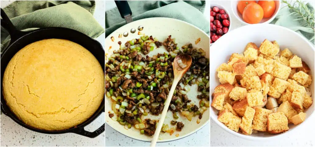 How to make cornbread stuffing. First bake the cornbread.  Cook the pork sausage, onions, and celery. Put the dried bread in the oven. 