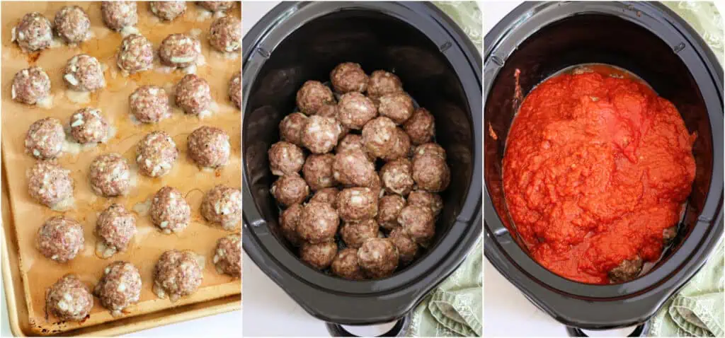 Bake the meatballs and transfer them to a crock pot. Pour the marinara and crushed tomatoes over the meatballs. 