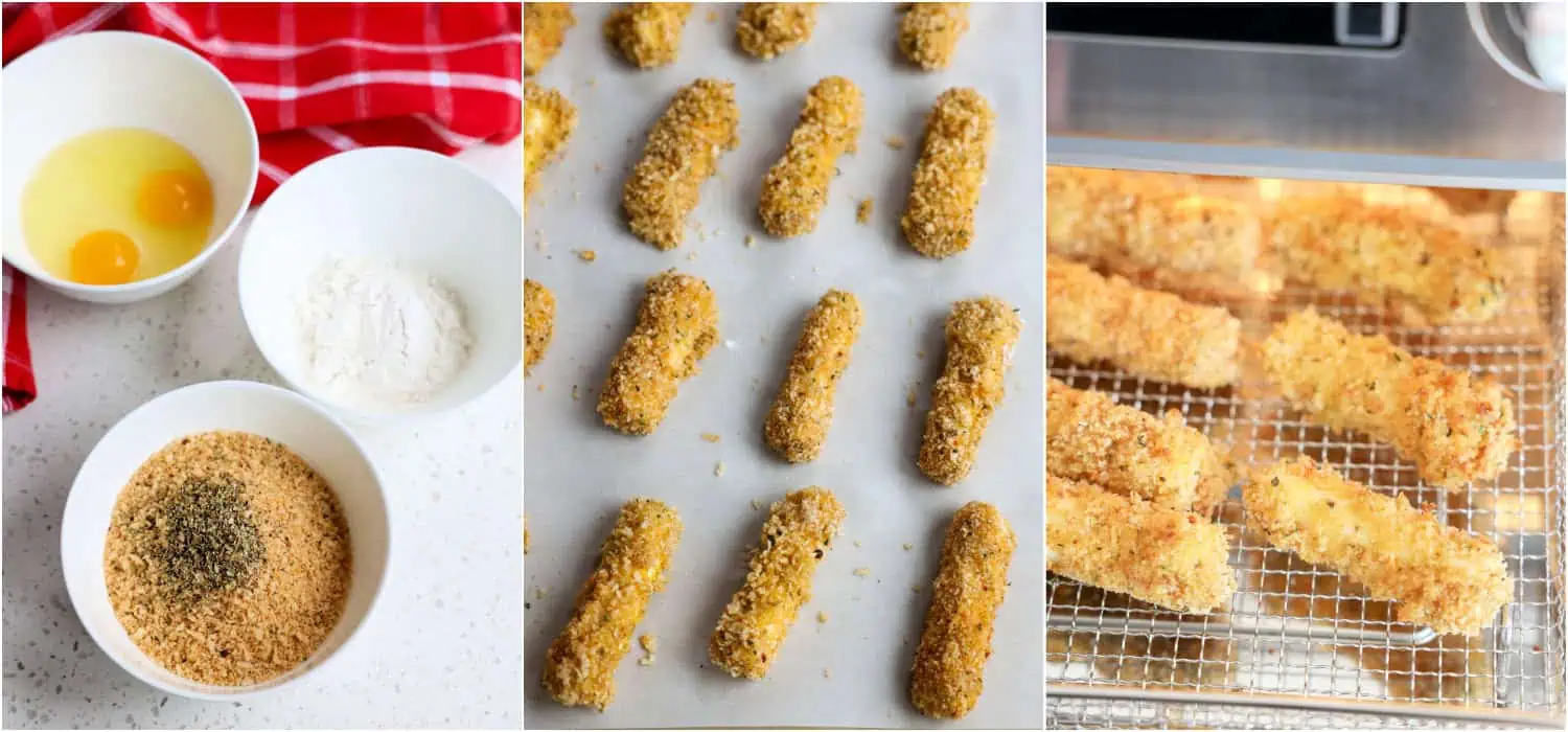 The steps to making air fryer mozzarella sticks. Set up the breading stations. Bread the mozzarella sticks and air fry them. 