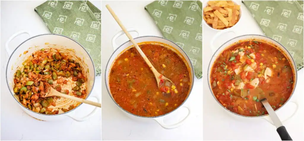 The steps to making chicken enchilada soup. Cook the onion and peppers until soft. Add minced garlic, paprika, chili powder, marjoram, and cumin, and cook for 1 minute while stirring. Add the chicken broth, enchilada sauce, black beans, corn, and diced tomatoes with green chiles. Simmer for about 20 minutes, stirring occasionally. Add the cooked chicken and simmer for 5 minutes.