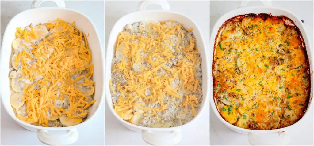 The steps to making hamburger and potato casserole. Spoon a couple tablespoons of the creamy beef mixture into the bottom of a casserole dish. Layer the dish with 1/3 of the potatoes, hamburger gravy, and cheddar cheese. Repeat two times, ending with a layer of cheddar cheese. Cover with aluminum foil and bake