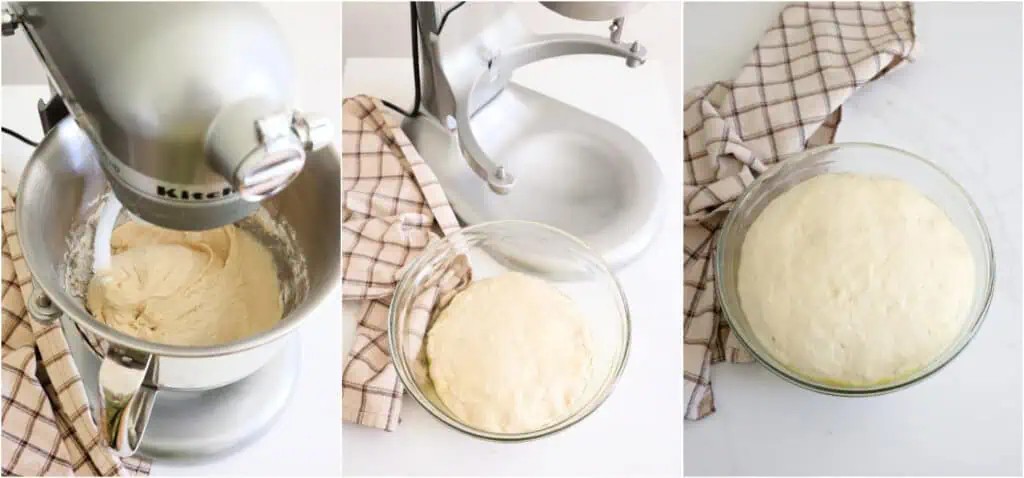 Let the machine knead the dough for about 5 minutes at speed level 2 or low. Coat a large bowl with olive oil. Transfer the dough to the bowl and turn to coat it with the oil. Cover the bowl with plastic wrap and let the dough rise to double in size. 