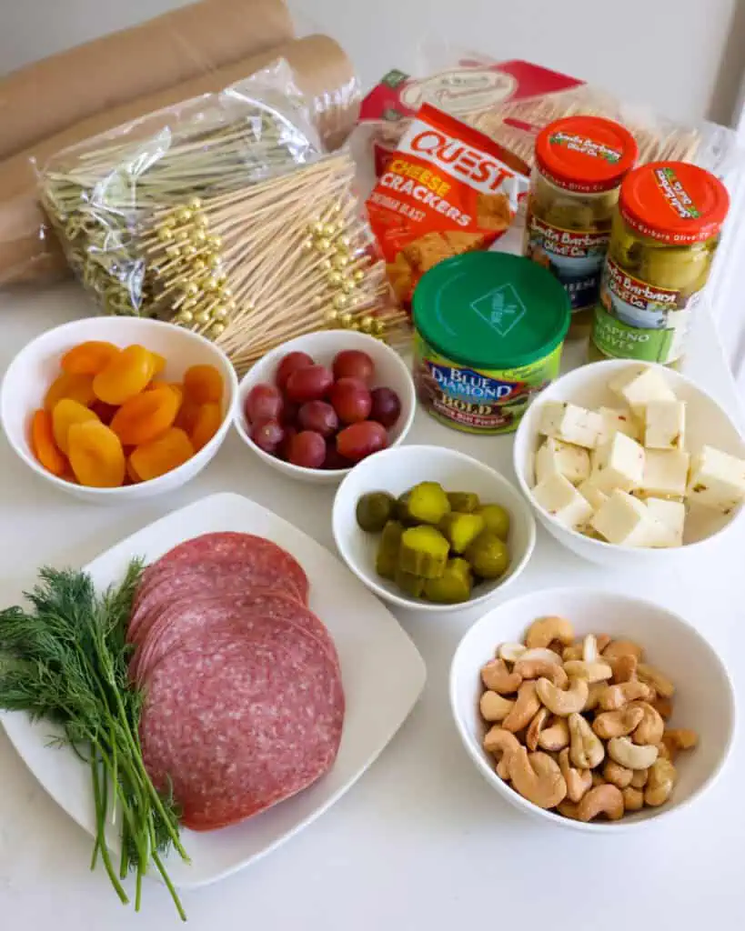 The ingredients for making charcuterie cups. 