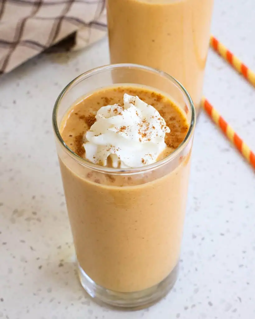 Overhead view of a pumpkin smoothie. 