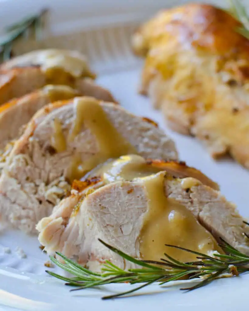 A close up view of sliced turkey with gravy. 