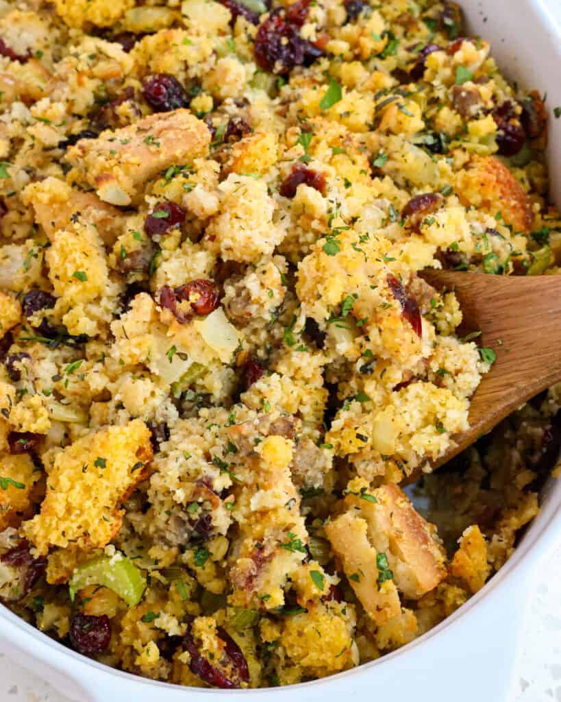 A close up view of cornbread stuffing