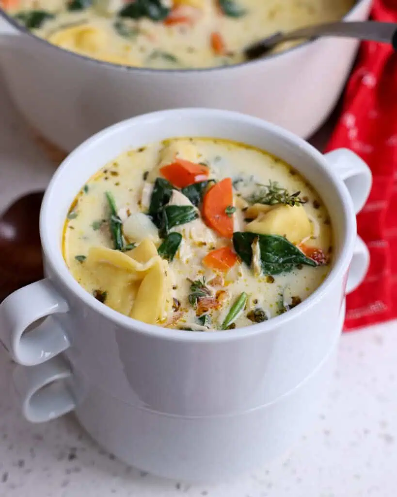 A bowl full of creamy spinach, chicken, and cheese tortellini soup. 