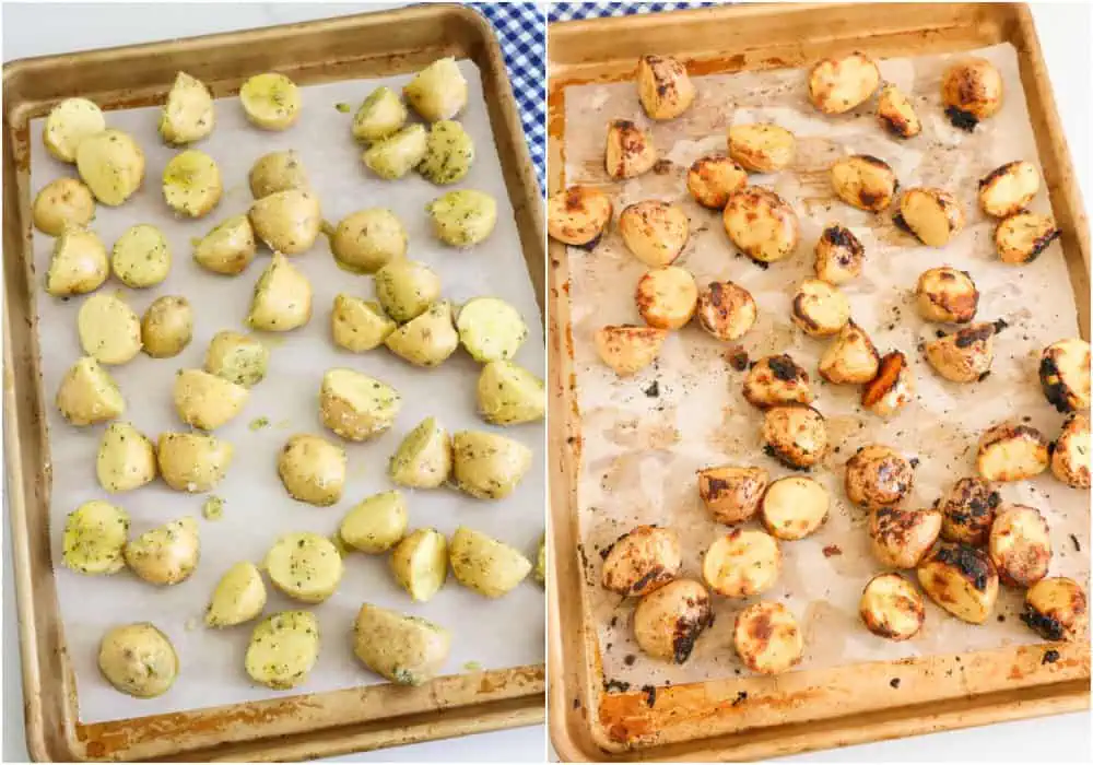 Spread the potatoes in a single layer on a parchment paper-covered baking sheet. Bake until golden brown and tender. Sprinkle with fresh herbs.