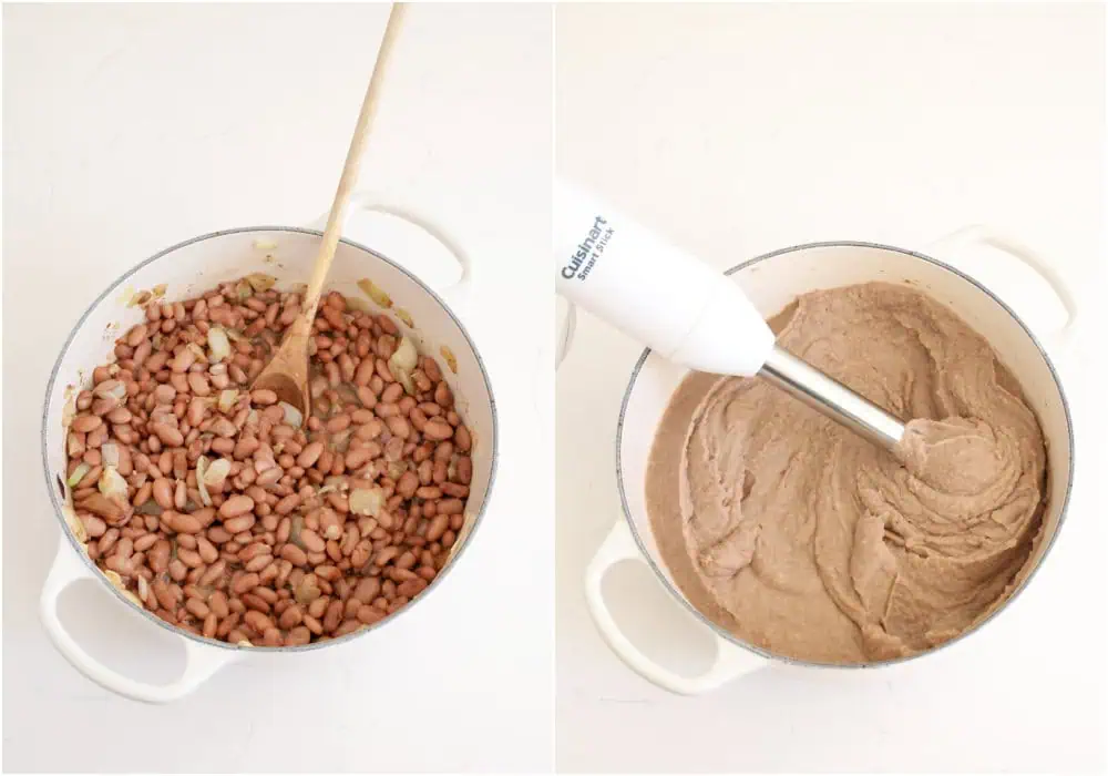 Steps to making refried beans. Add the beans to the pot with the onion mixture and cook for about 5 minutes, stirring several times. Add 1/3 cup of the bean broth to the pot and stir to warm. Use an immersion blender or potato masher to smash the beans to your desired consistency