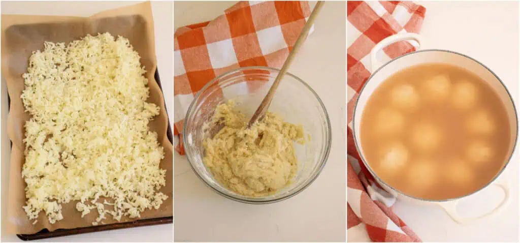 The steps to making potato dumplings. Cut the potatoes into chunks and run them through a potato ricer. Mix the potatoes, flour, beaten eggs, salt, black pepper, and nutmeg until a thick dough forms. Gently lower the potato dumplings into the simmering broth. 