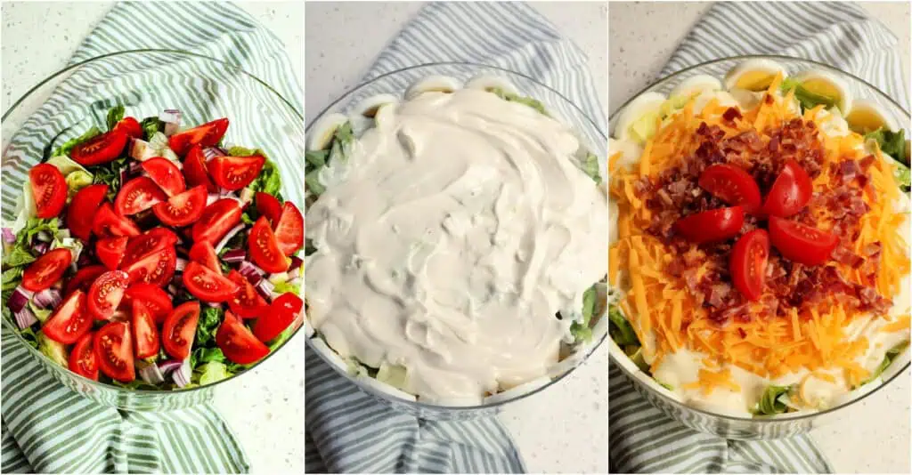 There are several steps to a 7 layer salad. place the sliced eggs on their sides, use any extra eggs and reserved lettuce to hold them in place, and finish filling the bowl. Then, spread the dressing over the top and smooth it to seal. Cover with plastic wrap and refrigerate for 4 hours up to overnight. Before serving, sprinkle with shredded cheddar cheese, crisp bacon, and a few more tomatoes. This salad is very easy to dig into and toss as you go. Once it is about halfway consumed, I toss together what is left in the bowl.