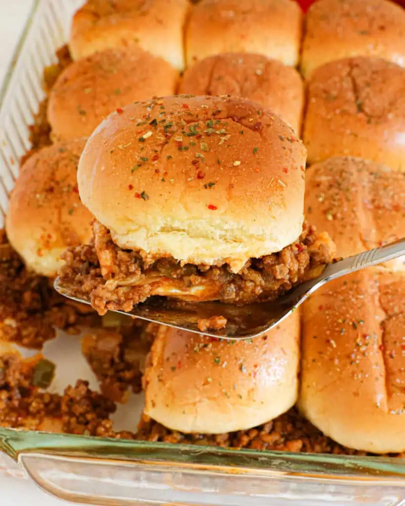 Sloppy Joe casserole on a serving spatula. 