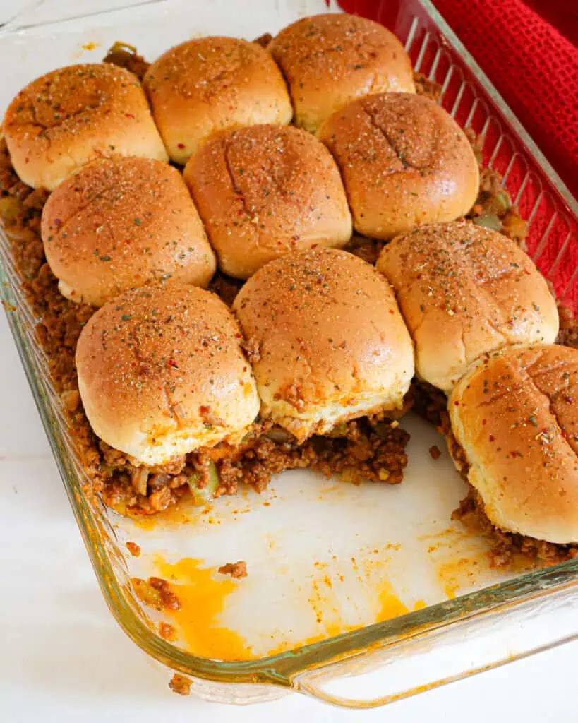 An overhead view of sloppy joe casserole. 