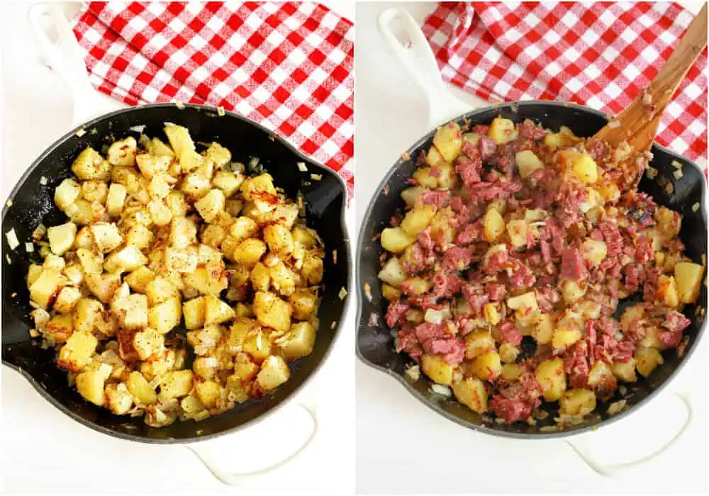 Steps to making corned beef hash. Heat olive oil and melt butter in a large skillet over medium heat. Add the potatoes and brown them a bit. Add the chopped corned beef and garlic powder, flipping to combine a bit. Press the mixture down and let it brown against the skillet. Season with salt and freshly ground black pepper to taste.
