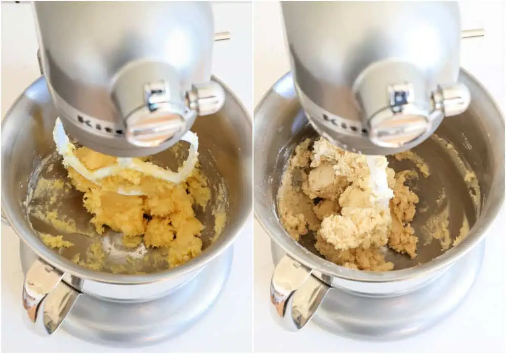 The steps for making thumbprint cookies. Using a stand or handheld mixer at medium speed, cream the butter and sugar until light and fluffy. Reduce the speed to low and add the egg yolk, vanilla extract, and salt. Mix just until incorporated. Add the flour and mix just until combined, scraping down the bowl and the beater as needed.