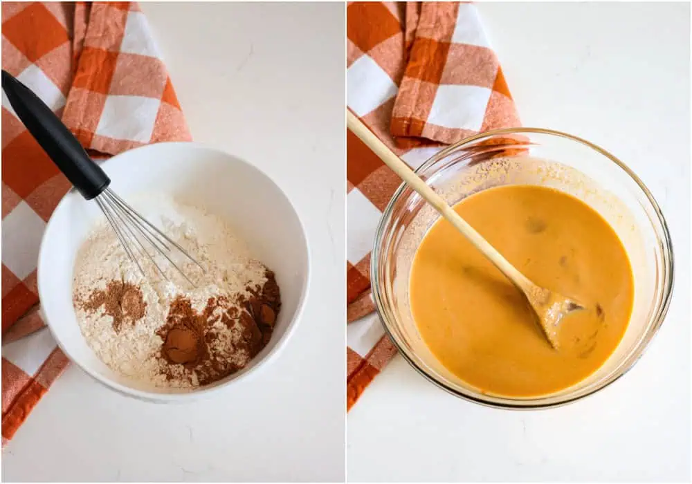 Steps for making pumpkin pancakes. In a medium bowl whisk the flour baking powder, baking soda, ground cinnamon, salt, and ground nutmeg. In a large bowl mix whisk the milk, pumpkin puree, eggs, brown sugar, and vanilla extract. 