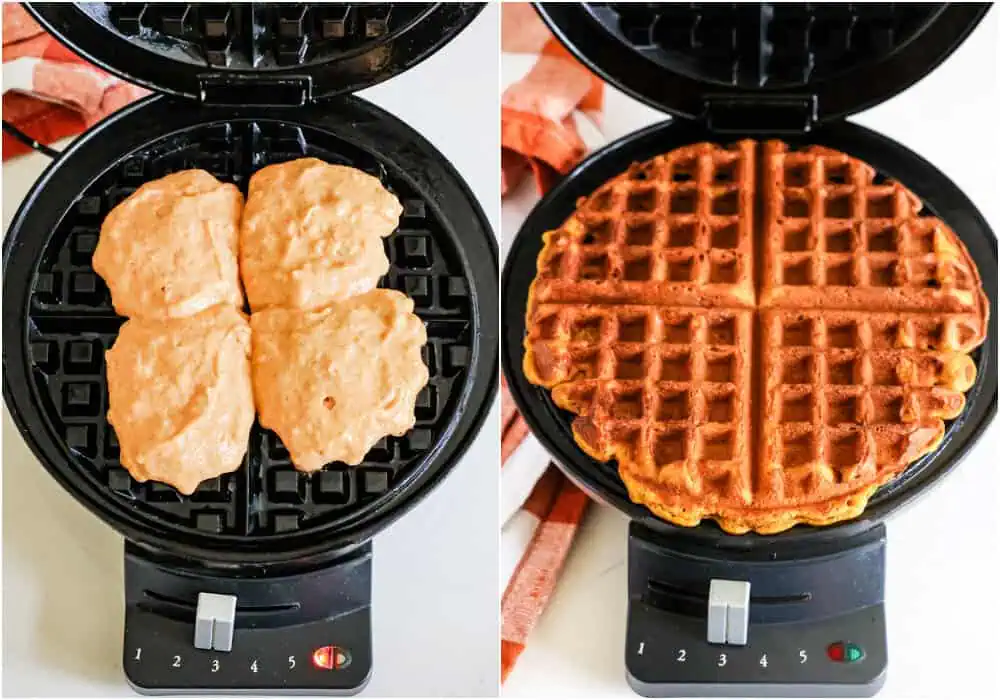 The steps to making pumpkin pancakes. Drop four rounded spoonfuls (about 1/4 cup) into each well and close the lid. Cook until golden brown or about 5 minutes. 