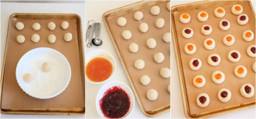 Steps for making thumbprint cookies. Roll the balls through the sugar and place them about 2 inches apart on a parchment-covered baking sheet. Using your thumb or a rounded teaspoon, indent the center of the cookies.

Spoon the jam into microwaveable bowls and microwave for 15-second increments until warm. Fill the indentations to the top with the warm jam. making thumbprint cookies. 