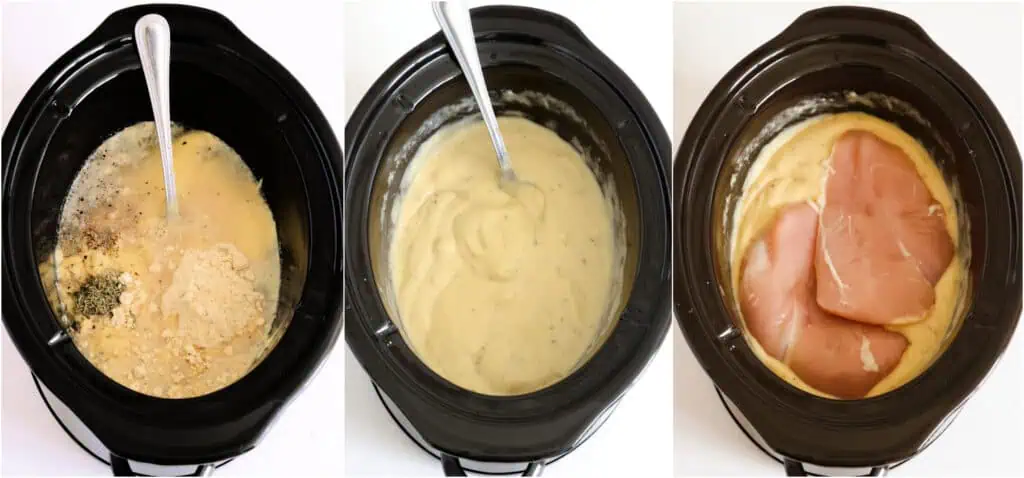 The steps to making crockpot chicken and gravy. Mix the cream of chicken soup, dried chicken gravy, water, and spices in the crockpot. Add the chicken and push it down into the soup mixture.