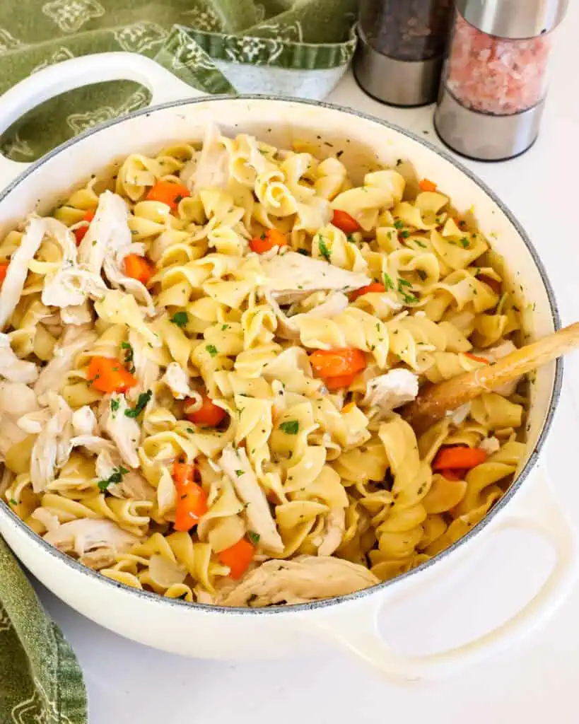 A Dutch oven full of chicken and noodles with carrots, onions, and fresh herbs. 