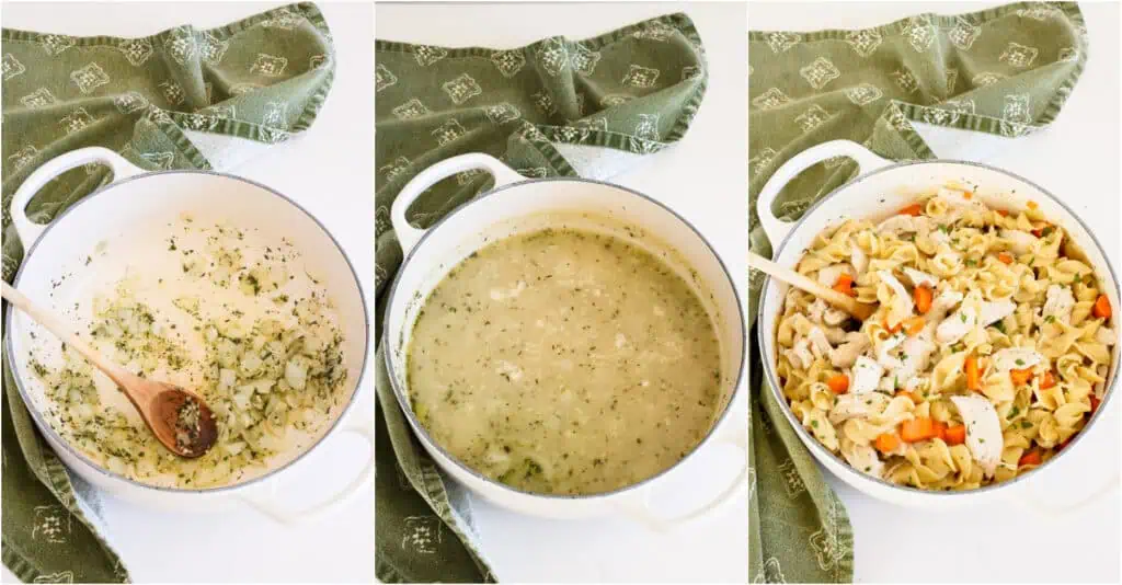 Some of the steps to making chicken and noodles. Add the onion and cook until soft, stirring frequently. Reduce the heat to low and add the garlic, thyme, and rosemary. Add the chicken broth and bring the mixture to a low boil. Whisk the cornstarch with the reserved chicken broth and whisk it into the pot. Add the chicken to the pot and season the dish with fresh herbs, salt, and freshly ground black pepper. 