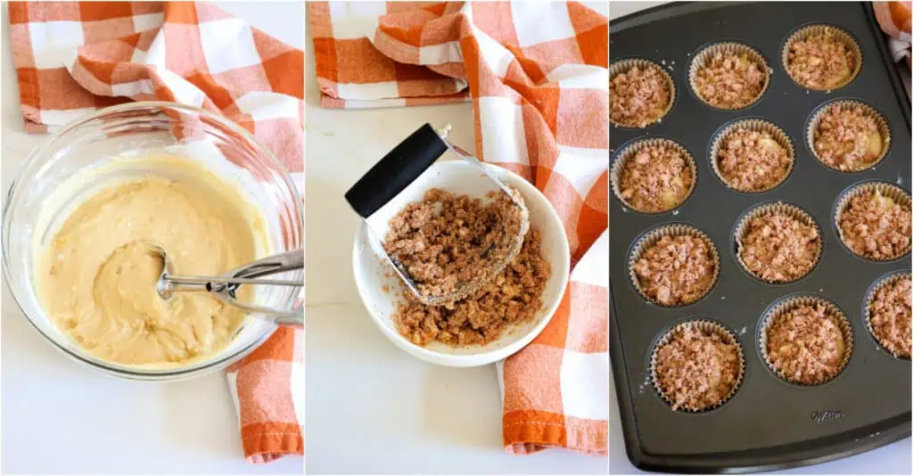 Some of the steps to make cinnamon muffins. Using a three-tablespoon scoop, load the muffin cups, dividing evenly. Make the cinnamon topping by combining the granulated sugar and ground cinnamon in a medium bowl and cutting in the butter with a pastry blender. Sprinkle the cinnamon topping evenly over the muffin cups. 