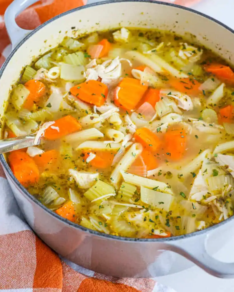 A large Dutch oven full of turkey soup with onions, carrots, and pasta. 