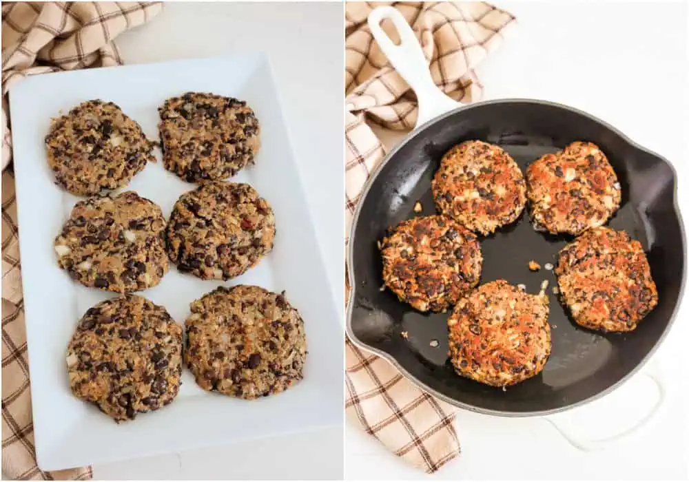 Some of the steps to making black bean burger. Using your hands, form the mixture into six patties and brush them with olive oil. Heat a cast iron skillet over medium heat. Cook the burgers for about 5 minutes on each side. 