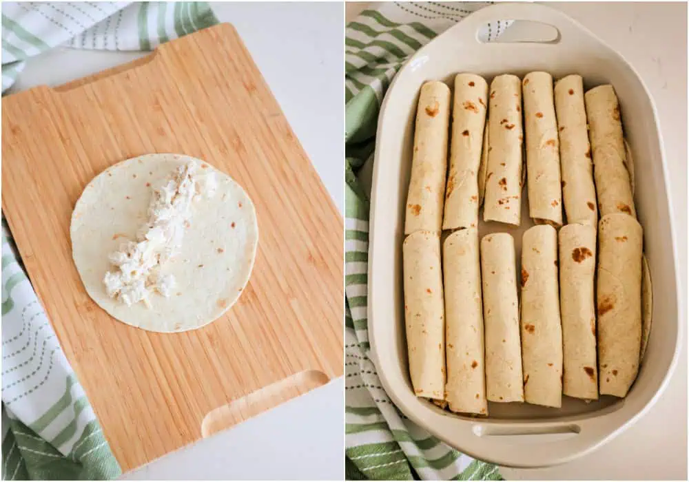 Some of the steps to making green chile chicken enchiladas. Spread about 1/4 to 1/3 cup of chicken mixture down the center of the tortilla. Roll the tortillas up and place them in a greased 9x13-inch dish.