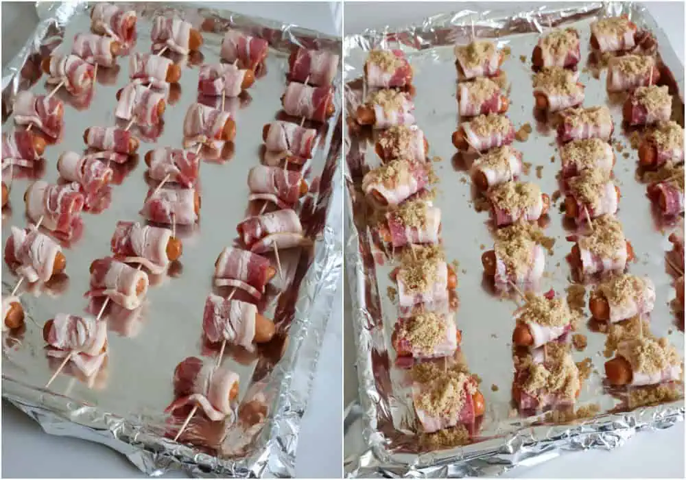 Some of the steps to making bacon wrapped smokies. Cut each slice of bacon into thirds, wrap each piece around lil smokie, and secure it with a toothpick. Sprinkle them with brown sugar and let them sit in the refrigerator for a couple of hours