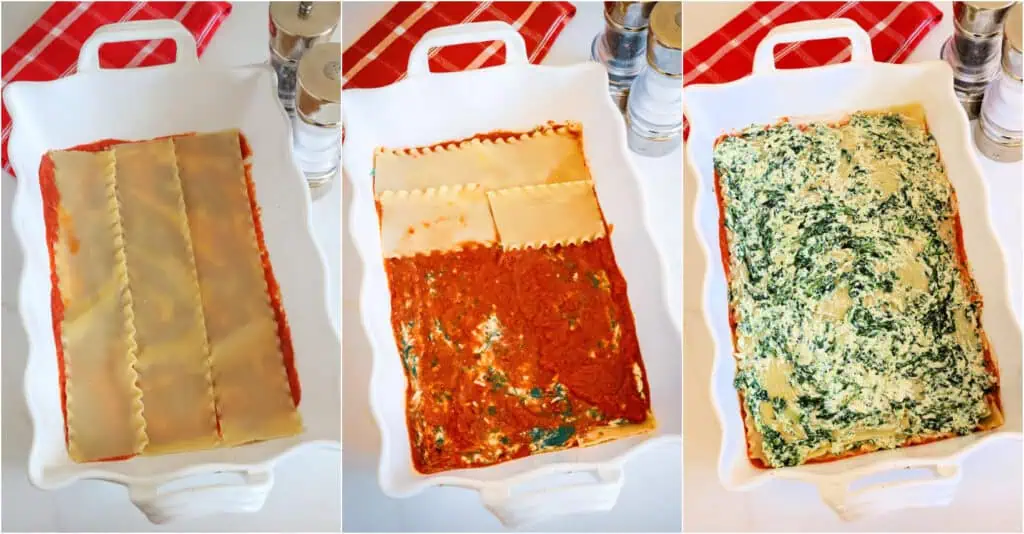 Some of the steps to making spinach lasagna. Spoon about 1/4 cup of marinara into the bottom of a deep 9x13-inch dish. Add three lasagna noodles. Then, spread 1/4 of the spinach ricotta mixture over the lasagna noodles. Spread about 1/2 cup of marinara over the spinach mixture. Repeat three more times, but always change the direction of the next noodle layer. I leave the marinara off one of the layers. 