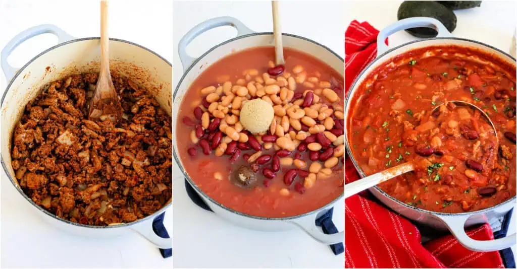 Some of the steps to making turkey chili. Brown the ground turkey over medium-high heat in a Dutch Oven or heavy stockpot on the stovetop. When the turkey is about halfway brown, add the onion and cook until the onion is soft. Drain any excess fat from the pan. Add the garlic, chili powder, cumin, dried oregano, paprika, onion powder, ground black pepper, and ground cayenne pepper. Cook for a minute, stirring constantly. Next, add the crushed tomatoes, chicken broth, kidney beans, and brown sugar. 