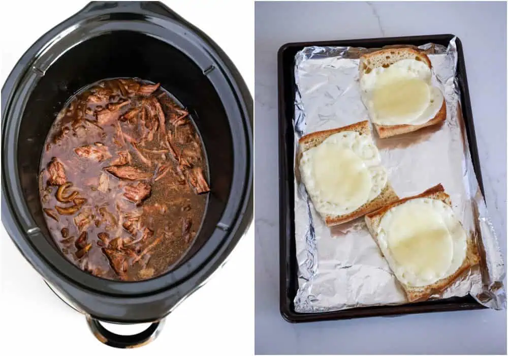 Some of the steps to making French dip sandwiches. lice or shred the beef. If serving later, add the shredded beef to the crock pot.

Meanwhile, toast the French bread lightly under the broiler, add the provolone cheese, and put it under the broiler to melt it.