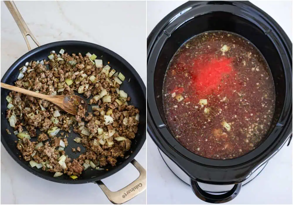 Some of the steps to making crock pot lasagna soup. brown the Italian in a large skillet over medium heat. About halfway through the browning process, add the chopped onion. Continue cooking until the sausage is brown and the onion softens. Reduce the heat to low and add the garlic, parsley, oregano, marjoram, basil, thyme, and red pepper flakes. Cook for 1 minute while stirring. Add the sausage mixture to the crockpot, and add the diced tomatoes, crushed tomatoes, tomato paste, and beef broth.