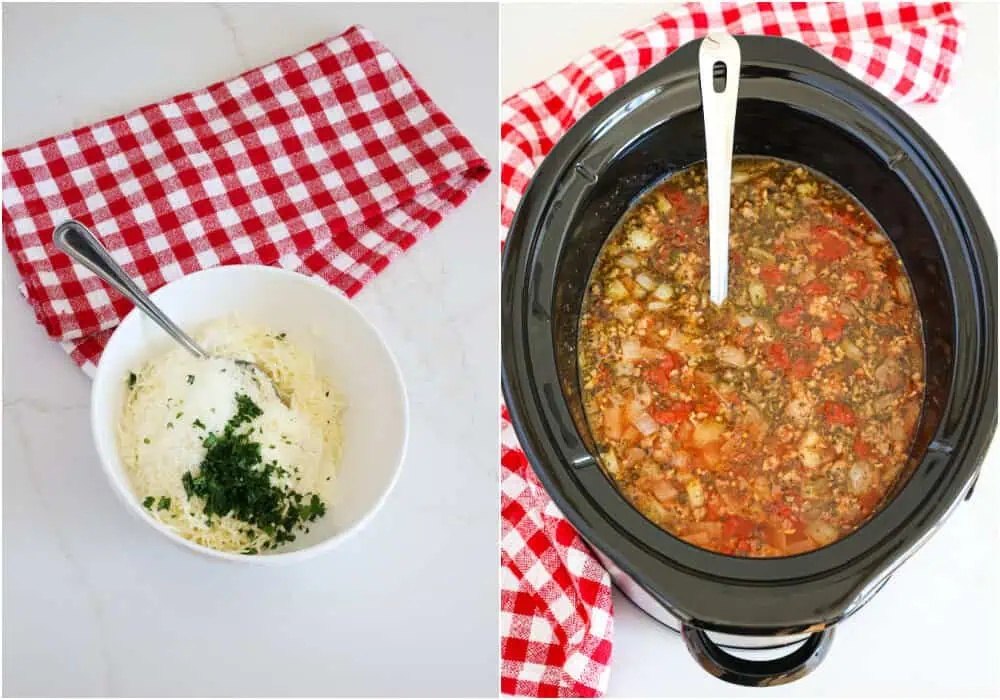 Some of the steps to making crock pot lasagna soup. While the noodles are cooking, mix the ricotta, mozzarella, Parmesan cheese, and parsley in a medium bowl. Ladle the soup into a bowl and top with a spoonful of ricotta cheese mixture. 